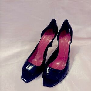 Kate Spade Patent Leather Black Heels with Pink Interior and square toe